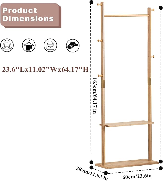 SOBIBO Wood Coat Rack Freestanding with Shelves & Hooks, 23.6inch, Natural | Solid Wood Frame, 3-in-1 Clothes Rack, Garment Rack with Storage for Bedroom, Hallway, Entryway, Office, Living Room