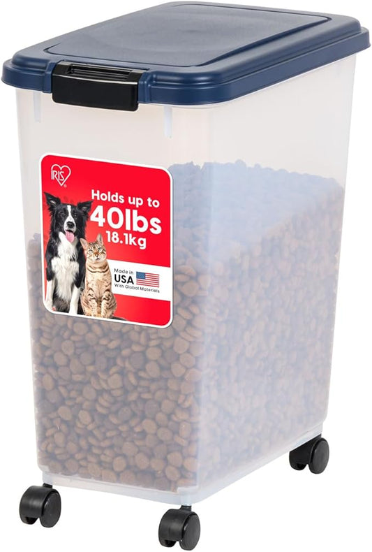 IRIS USA Airtight Dog Food Storage Container, Up to 40 lbs, Attachable Wheels, For Dog Cat Bird and Other Pet Food Storage Bin, Keep Fresh, Translucent Body, Easy Mobility, Navy | Clear Plastic Bin with Snap-Lid Seal and Wheels to Keep Kibble, Pellets,...