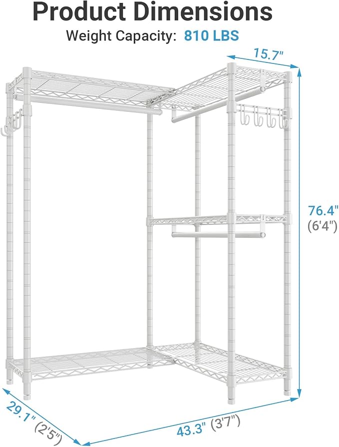 VIPEK L4 Corner Clothes Rack Heavy Duty Closet for Hanging Clothes | L Shaped Portable Closet, Multiple Hanging Rods, Adjustable Wire Shelving/Side Hooks, Load 810lbs Space-Saving for Bedroom