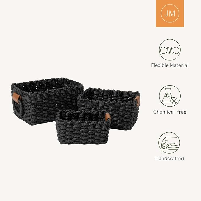 LA JOLIE MUSE Small Wicker Baskets for Organizing, Black 3 Pack | Decorative Organizer with Vegan Leather Tag, Round Handle, Storage Baskets for Shelves, Bedroom, Kitchen, Office and Home