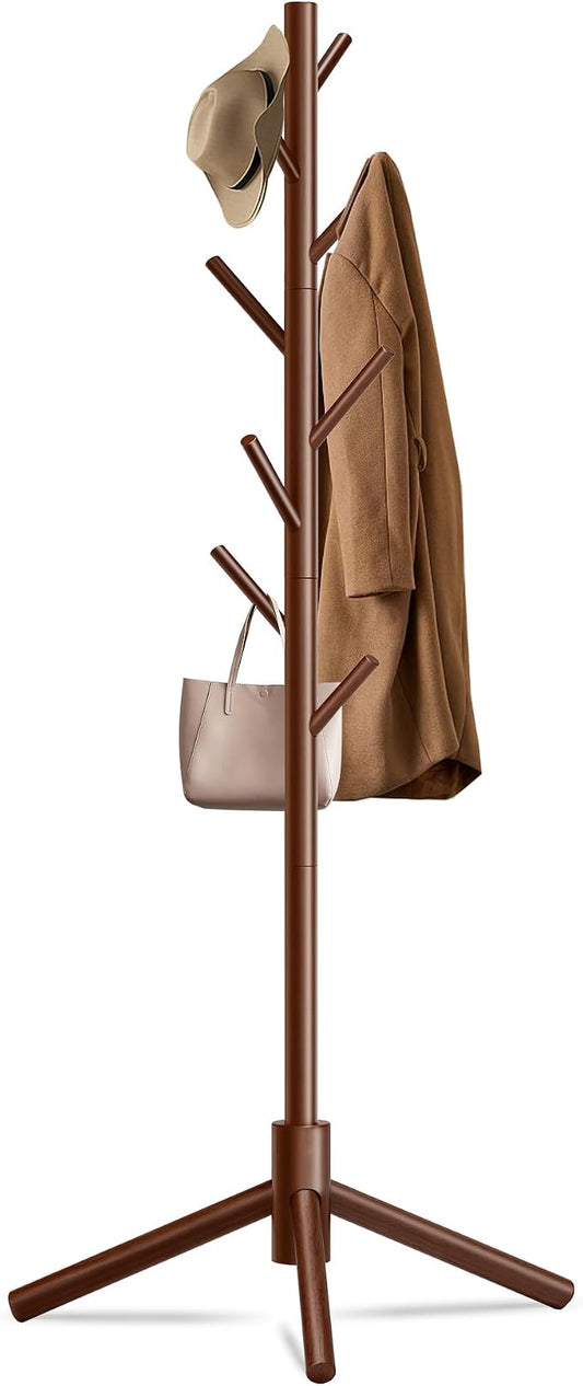 Unisakey 8-Hook Freestanding Wooden Coat Rack 3 Adjustable Heights Brown | Stable Triangular Base for Safety,Durable Construction,Simple Tool-Free Assembly,Ideal for Bedroom Hallway Office Entryway