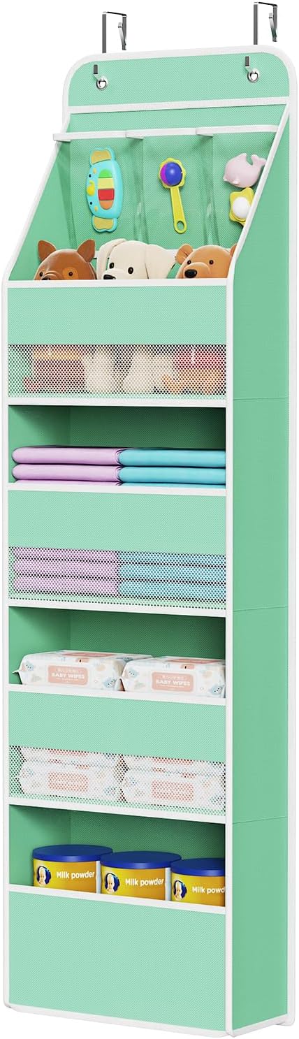 Univivi Fabric Over Door Hanging Organizer for Baby Nursery, Green, 5-Shelf | Door Storage with Large Capacity Breathable Mesh Pockets, Over Door Storage Organizer for Baby Essential, Bedroom, and Dorm