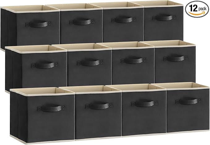 Lifewit Storage Cubes, Foldable Decorative Fabric Storage Baskets for Organizing Home Organizers with Handles for Shelves, Closet, 11 Inch Bins, 18L Black, 12 Packs