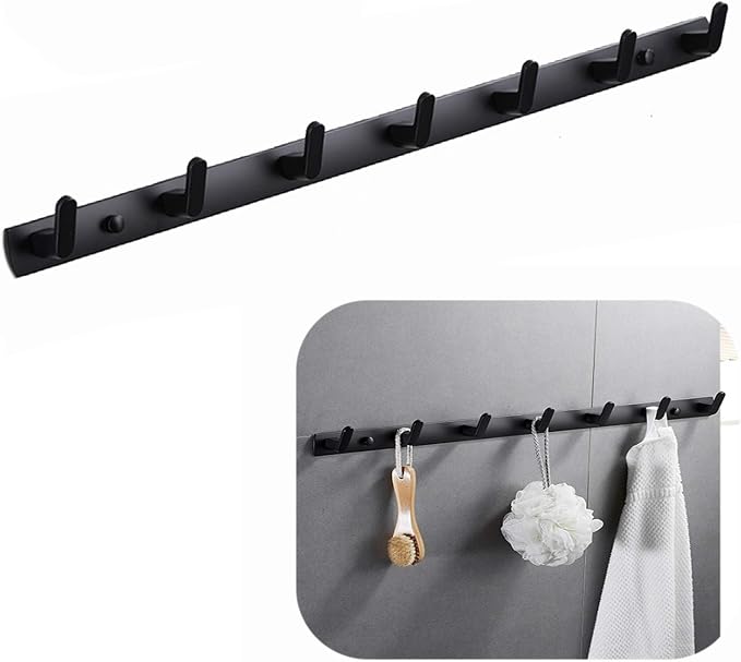 Wall Mounted Coat Rack, 7 Hooks, 25.7"x1.3", Modern, Black | Space Aluminum, Rustproof, for Hallway, Entryway, Hanging Holder for Clothes, Towel, Backpack, 40 lbs Capacity, Easy Install