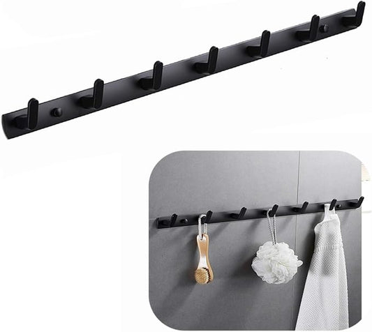 Wall Mounted Coat Rack, 7 Hooks, 25.7"x1.3", Modern, Black | Space Aluminum, Rustproof, for Hallway, Entryway, Hanging Holder for Clothes, Towel, Backpack, 40 lbs Capacity, Easy Install