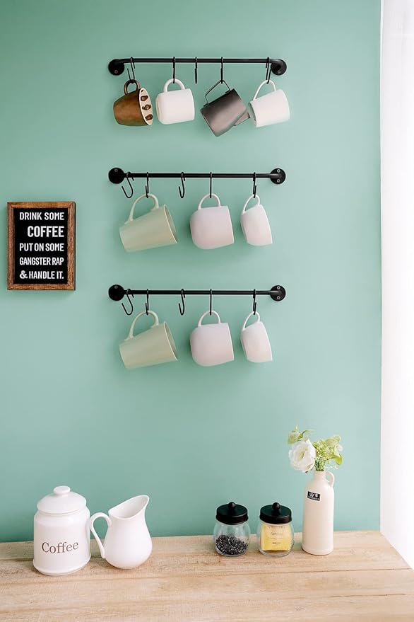 Mkono Mug Holder Wall Mounted Coffee Cup Rack Hanger Modern Metal Wall Rack with 15 Mug Hooks Rustic Utensil Tea Cups Storage Organizer for Kitchen Dining Room Coffee Bar, Set of 3, Black | Kitchen Rod, Space Saving, Easy Assembly, Wall & Under Cabinet...