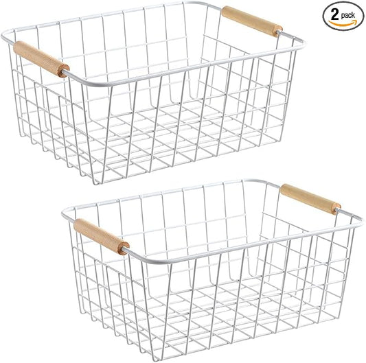 LeleCAT white wire baskets for organizing with Wooden Handles Storage Organizer Baskets, Household snack basket for Cabinets, Pantry, Closets, Bedrooms, pantry organizers and storage - Set of 2（White）