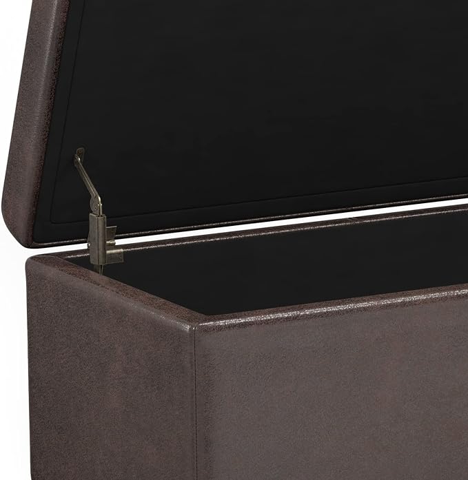 SIMPLIHOME Bretton 43" Wide Polyester Fabric Storage Ottoman in Umber Brown | Contemporary lift-top ottoman with high-density foam; rectangle storage bench or coffee table for living room or entryway.