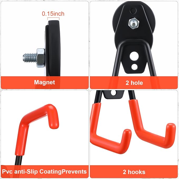 Landhoow 6 Pcs Large Magnetic Hooks Heavy Duty Garage Magnet Hooks Strong Storage Utility Magnetic Hangers with Anti Slip Rubber Coating for Indoor and Outdoor Hanging (Orange)