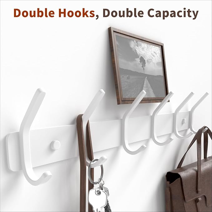 Coat Rack Wall Mount Hooks - 15 Inch White Metal 6-Hook Rack(1 Pack) | Modern Kids Room, Entryway & Bathroom Hanger for Towels, Coats, Purses, Bags