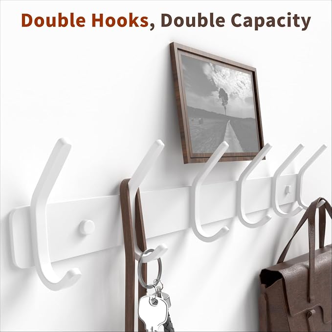 Coat Rack Wall Mount Hooks - 15 Inch White Metal 6-Hook Rack(2 Pack) | Modern Kids Room, Entryway & Bathroom Hanger for Towels, Coats, Purses, Bags