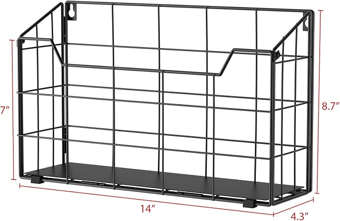 Univivi 3 Pack Wall File Organizer Rack 14 inch Hanging File Holder, Black | Metal Hanging Wall Files with Rubber Feet, PP Board Bottom Support, Mounts on Wall and Desktop File Organizer for Home Office
