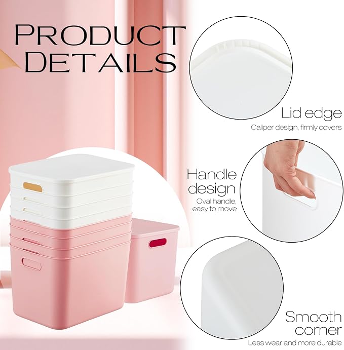 8 Pieces Colorful Storage Bins with Lid, Plastic Storage Basket Organizing Container Stackable Box with Handle for Shelves Desktop Playroom Office(14.2 x 10.2 x 9.5 Inch,White and Pink)