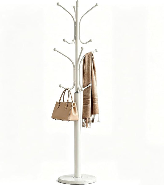 12 Hooks Metal Coat Rack Freestanding Coat Tree with Marble Base, Heavy Duty Coat Rack Stand for Clothes Hats Bags, Coat Hanger Stand for Corner Entryway Bedroom Office (White)
