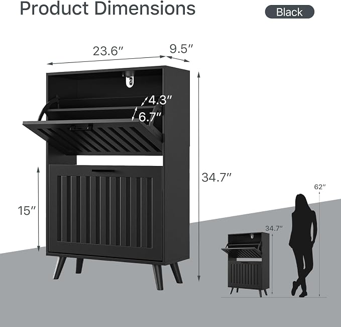 Shoe Storage Cabinet with 2 Flip Drawers, Modern Freestanding Organizer with Adjustable Shelf, Narrow Shoe Rack Cabinet for Entryway, Black