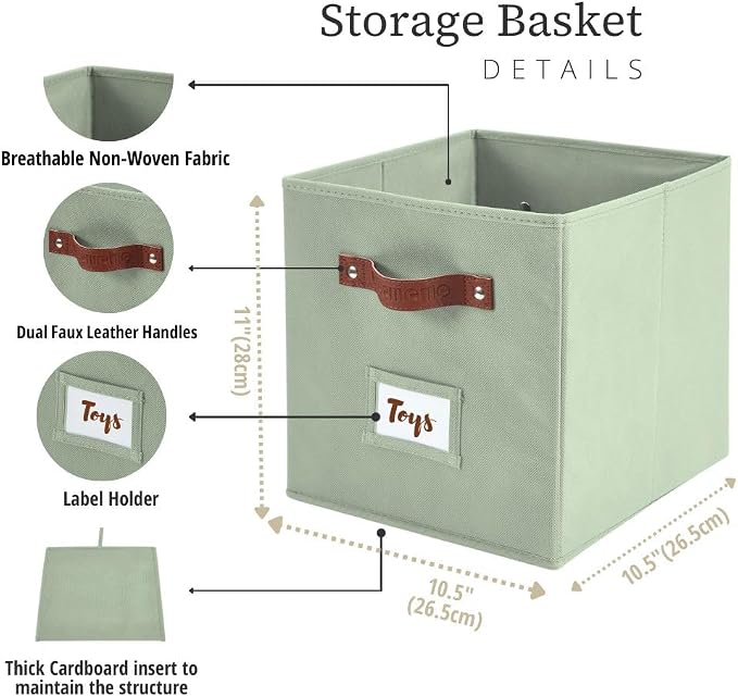DECOMOMO Storage Bins, Cube Storage Bin with Labels | 10.5" x 11" Fabric Storage Cubes for Shelves (2pcs, Sage Green)