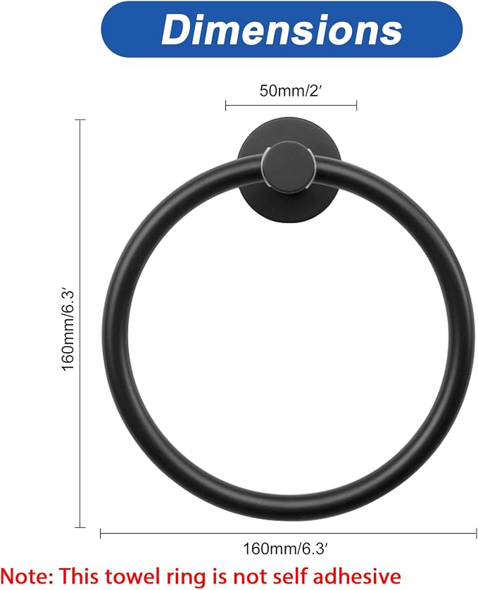 NearMoon Bath Towel Ring, Bathroom Hardware Accessories-Thicken Stainless Steel Hand Towel Holder for Bathroom, Modern Round Towel Hanger Wall Mounted (Matte Black, 1 Pack)