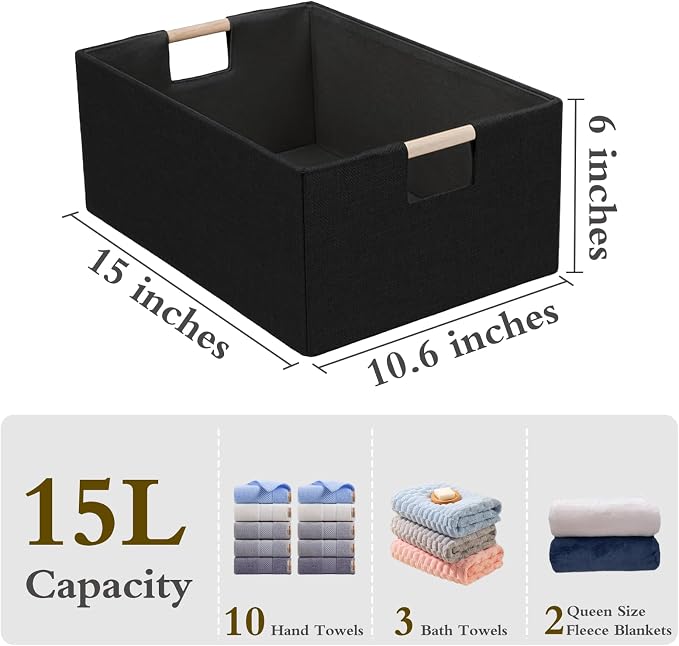 Foldable Fabric Storage Baskets Set of 2 for Shelves, Linen Decorative Storage Bins with Wooden Handles, Small Organizer Cubes for Closet, Rectangle Canvas Boxes for Organizing, Decor (Black 2 Pack)