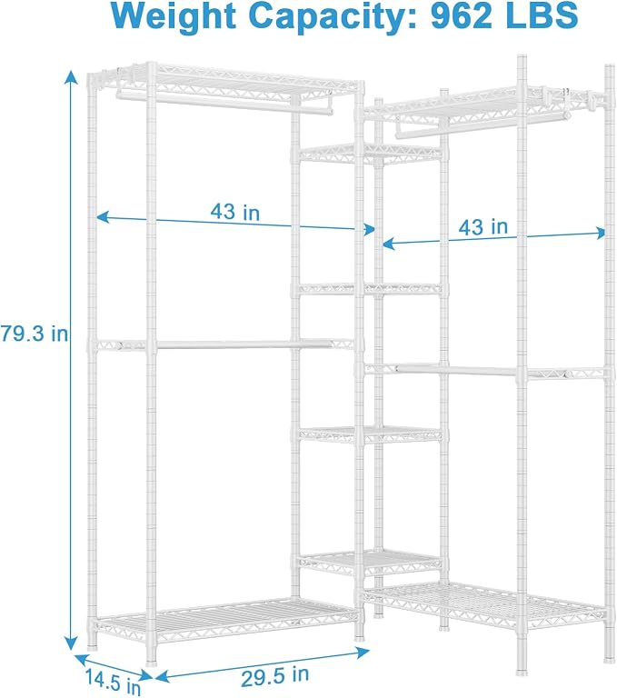 Ulif E4 Clothes Rack, Heavy-Duty Garment Rack, Metal Freestanding Clothing Organization Storage System Can Be L-shaped with Shelves and Hangers, Max Load 962lbs, 71.6" W x 14.5" D x 79.3" H, White | Metal Freestanding Clothing Organization Storage Syst...