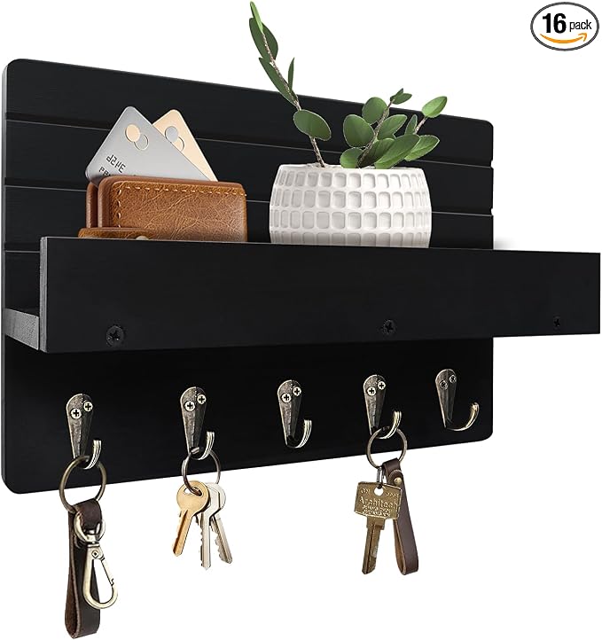 Key Holder Wall Mount, Decorative Key Rack with Shelf & 5 Sturdy Hooks, Rustic Key Hooks for Wall for Mail Organizer Hanging Dog Leash, Glasses, Wooden Key Hanger with Mounting Hardware