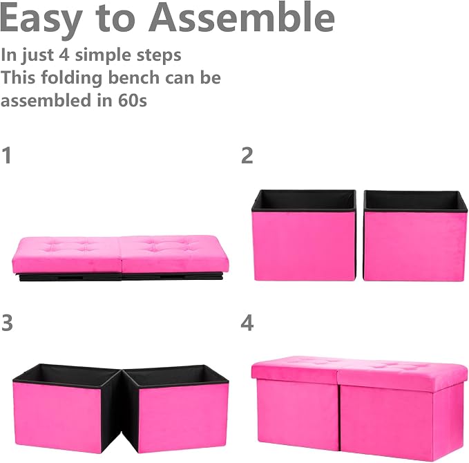 AmasSmile Footrest Ottoman Storage Bench,34" Velvet Folding Stool,Rose Red | Large Ottoman with Storage, Thicker Foam Padded Seat, Livingroom, Dorm, Bedroom, Entryway, Easy to install, 34 x 13 x 13in