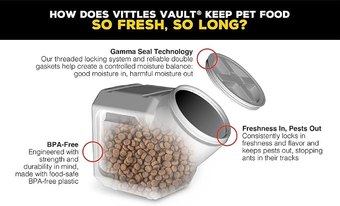 Vittles Vault Traditional Pet Food Storage Container For Dog Kibbles/Bird Seed/Oatmeal/Rice/Flour/Cereal, BPA Free Plastic, Sealed Airtight For Cat Food, Up To 50 lb, Made in USA, With Scoop, Gray