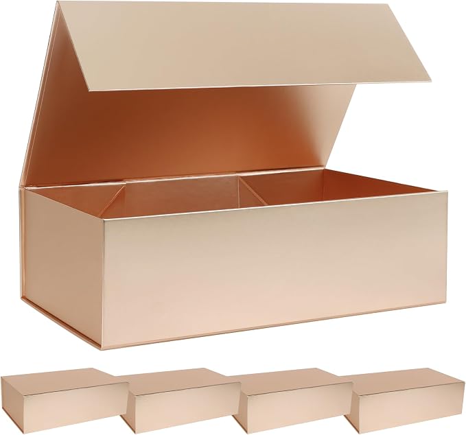 LFBOX Rose Gold Christmas Gift Box with Magnetic Lid 5 Pack | Large Bridesmaid Groomsman Proposal Boxes,13.8x8.3x4.4 in, Collapsible Rectangle Storage Box