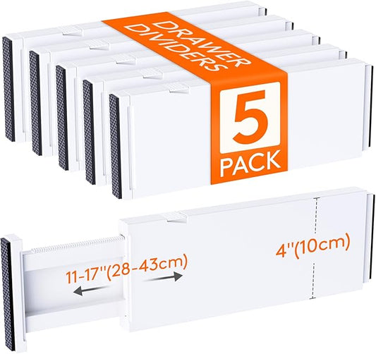 Lifewit 5 Pack Upgrade Drawer Dividers for Clothes, 4" High 11"-17" Adjustable Dresser Drawer Organizers, Expandable White Plastic Drawer Separators for Kitchen, Nursery, Office Organization & Storage