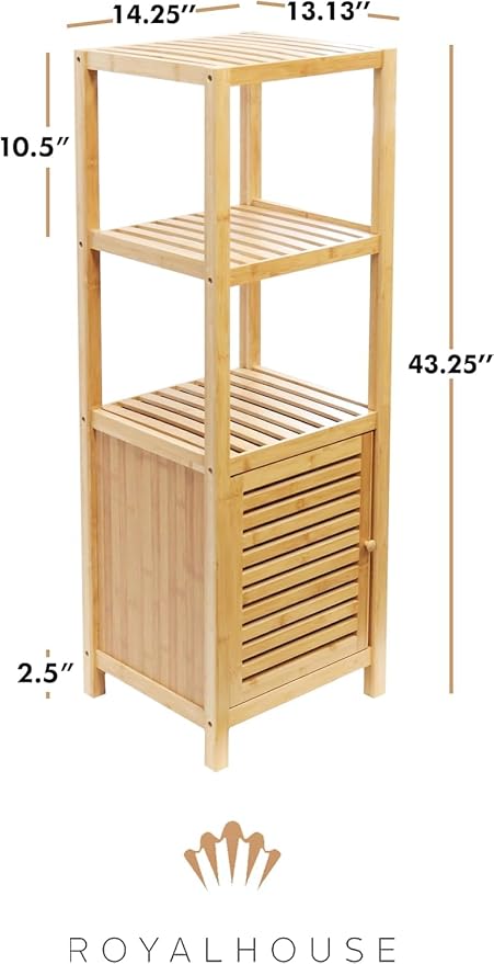 RoyalHouse Bamboo 3-Tier Floor Organizer with Shutter Door, Freestanding Storage Tower for Bathroom, Bedroom, Kitchen, Laundry Room – Eco-Friendly Natural Bamboo