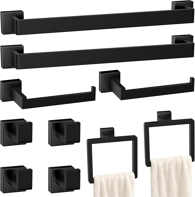 10-Pieces Matte Black Bathroom Accessories Set, 24 Inch Bath Towel Bar Set | Stainless Steel, Towel Ring, Toilet Paper Holder, Robe Hooks, Towel Racks for Bathroom Wall Mounted, Bathroom Hardware Set