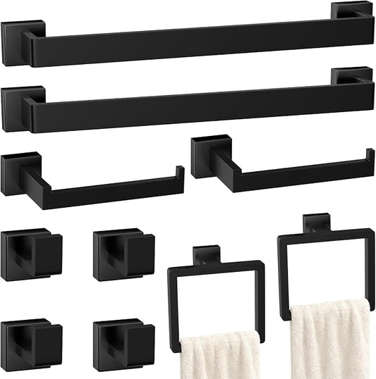 10-Pieces Matte Black Bathroom Accessories Set, 24 Inch Bath Towel Bar Set | Stainless Steel, Towel Ring, Toilet Paper Holder, Robe Hooks, Towel Racks for Bathroom Wall Mounted, Bathroom Hardware Set