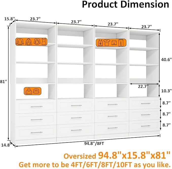 Closet System with 12 Drawers & 16 Shelves, Wood Closet Organizer System with 4 Extra Hanging Rod for Walk in Closet, Modular Closet Organizer System White(8FT)