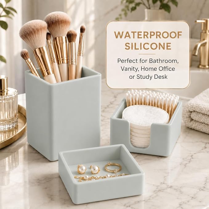 minimaliving Aesthetic Silicone Desk Organizer Set of 3,Modern Office Desk Accessories with Pen Holder,Paperclip Tray,Sticky Note Holder,Stylish Functional Office Desk Decor for Back-to-school(Grey)