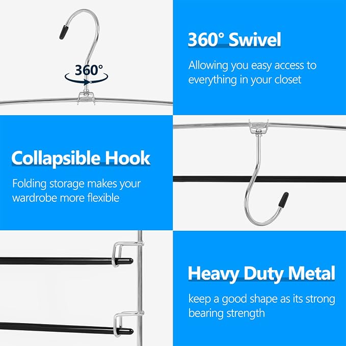 Pants Hangers 3 Pieces,5 Tier Closet Organizers and Storage Clothes Hanger,Hangers Space Saving with Swing Arm,Multiple Metal Hanger Clothes Organization for Pants Trousers Jeans Leggings Slacks