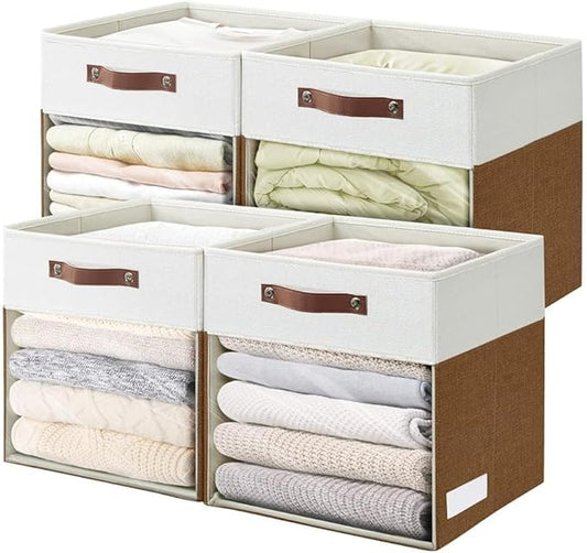 Storage Cubes, 4 Pack Linen Foldable Storage Bins with Clear Window and 2 Handles, 13x15x13 Storage Cube Bins for Shelf Closet, Kallax, Clothes, Books - (Brown / Off-White)