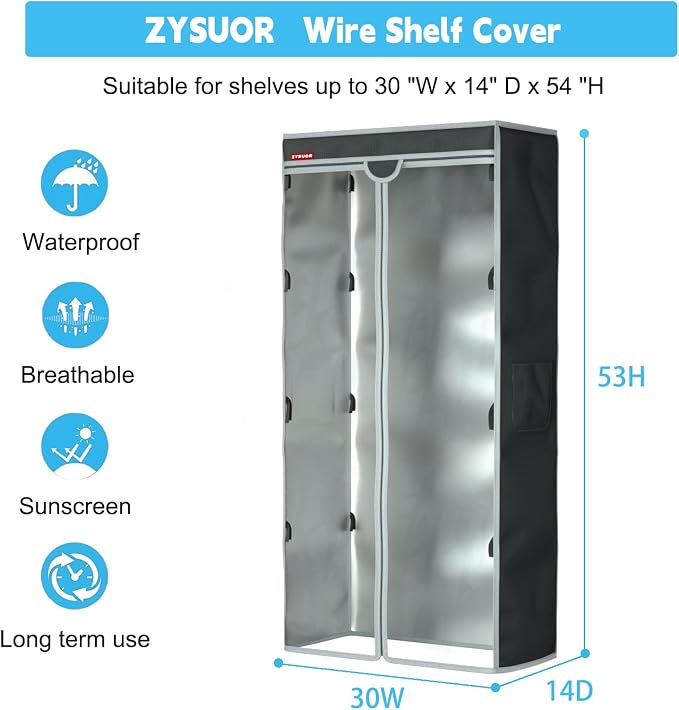 Waterproof Shelf Cover, Fits 30"x14"x54" Storage Shelve | Storage Shelving Dust Cover, Clear PVC Front & T-Zipper, for Rack in Garment, Pantry, Kitchen (No Shelves)