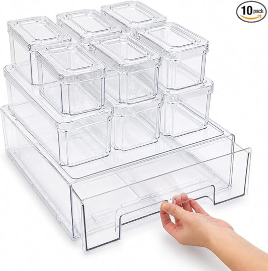 Fridge Organizer Bins with Drawer, 10-Pack Clear Stackable Container Set, BPA-Free Plastic Refrigerator Storage Containers for Food, Fruits, Vegetables, Meats, Salads (Multi-Purpose)