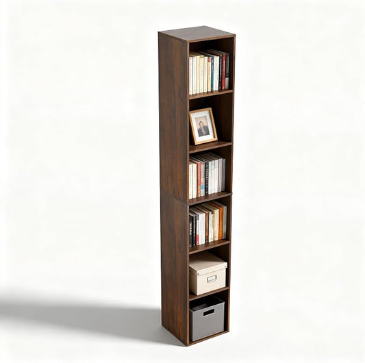 6 Cube Storage Organizer, Narrow Open Shelf Bookcase, Freestanding 6 Tier Low Display Bookshelf for Home Office, Living Room, Bedroom, Dark Brown & Black Walnut