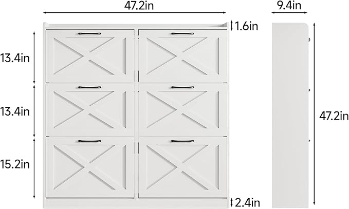 Maupvit Large Shoe Storage Cabinet with 6 Flip Drawers, Freestanding Shoe Organizer with Metal Handles for Entryway, Narrow Shoe Rack Cabinet, White