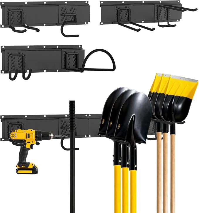 Garage Tool Organizer Wall Mount, Easy to 48inch Install Heavy-Duty Garage Storage System with 6 Adjustable Hooks, Garden Tool Rack for Shovels, Rakes, Yard Tools