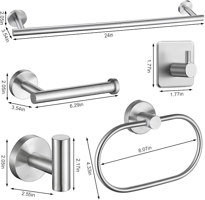 Silver Bathroom Accessories Set, 7 Pieces Silver Towel Bar Bathroom Hardware Set, 24 Inch Towel Racks for Bathroom, SUS304 Stainless Steel Bathroom Towel Holder Toilet Paper Holder Wall Mounted