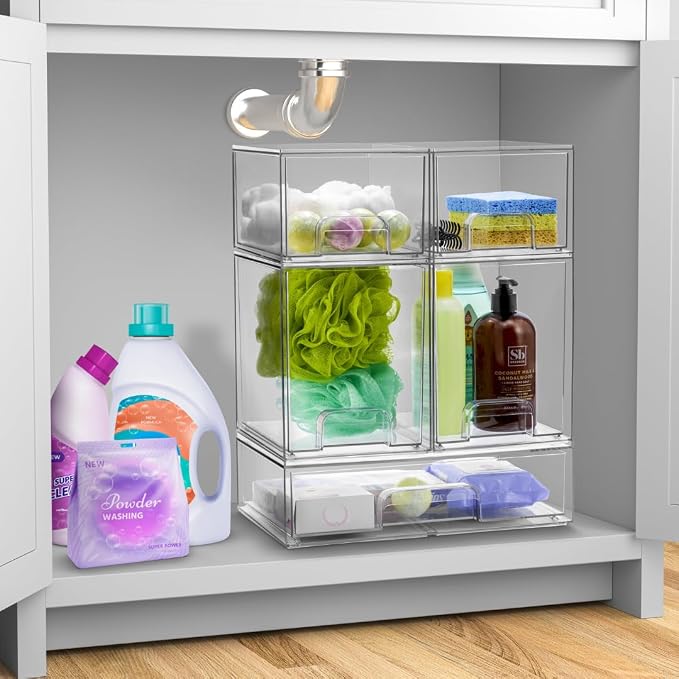 Sorbus Acrylic Storage Containers - 2 Pack, Stackable Storage Bins Set for Bathroom Organization - Clear Acrylic Drawer Organizers - Makeup Case Pull-Out Drawers (7.6’’ and 4.4’’ Tall)