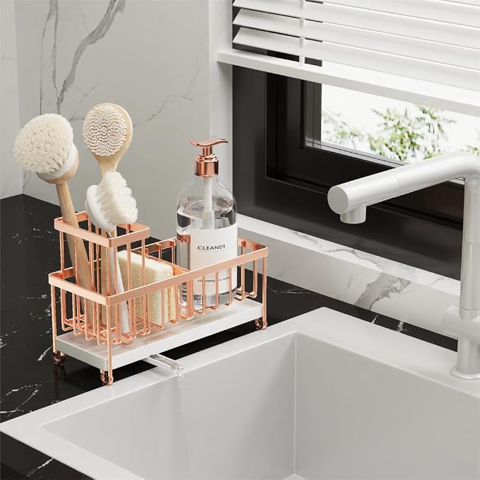 Cisily Sponge Holder for Kitchen Sink, Sink Caddy Organizer with High Brush Holder, Kitchen Countertop Organizers and Storage Essentials, Rustproof 304 Stainless Steel (Rose Gold, 9.25″)