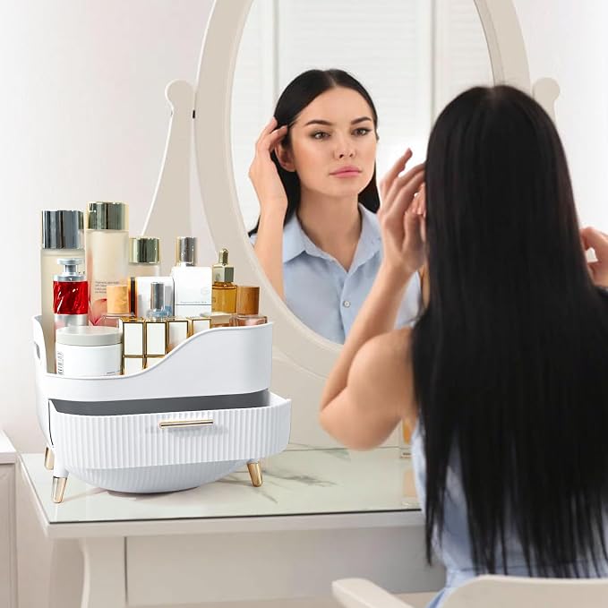 Makeup Organizer for Vanity, Large Capacity Skincare Organizer Countertop | Cosmetics Organizer with 2 Drawes, Cosmetic Display Cases Makeup Storage Box for Bedroom, Bathroom, Gifts for Women(White)