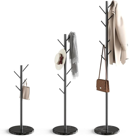 HzTinT Coat Rack with Natural Marble Base, Metal Freestanding Coat Rack with 8 Hooks, 3 Adjustable Size Sturdy Coat Tree for Bags, Coats, and Hats for Entryway, Hallway, Bedroom, Office, Black | 8 Metal Hooks, Holds Coats, Bags & Hats, For Entryway, Be...