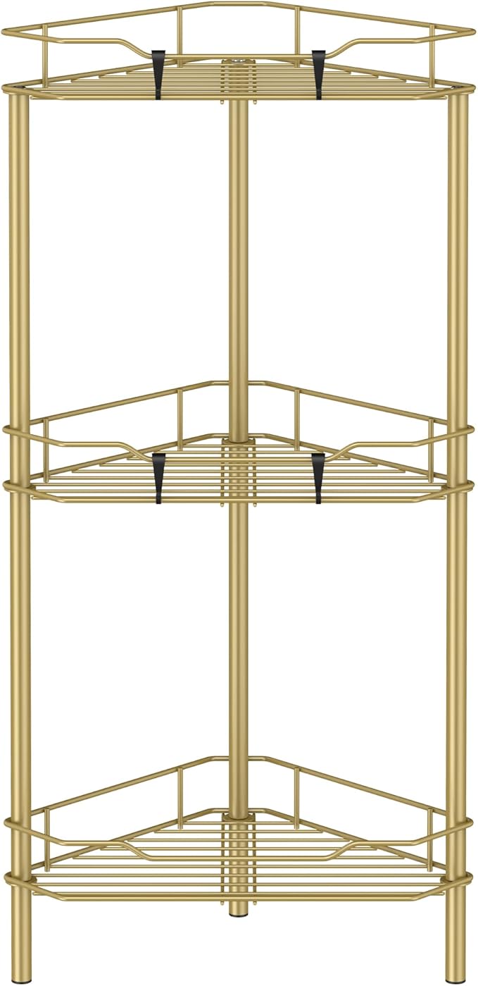 HuggieGems 3 Tier Floor Standing Corner Shower Caddy Organizer Shelf with Hooks, Bathroom Shelves Stand Rack, Gold