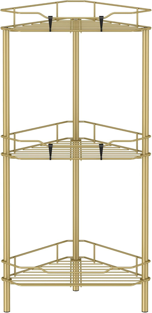 HuggieGems 3 Tier Floor Standing Corner Shower Caddy Organizer Shelf with Hooks, Bathroom Shelves Stand Rack, Gold