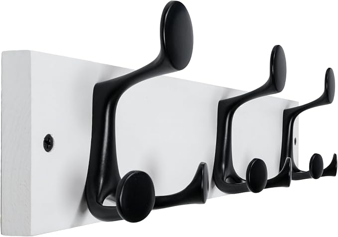 WEBI Coat Rack Wall Mount,17" Solid Wood Coat Hooks Wall Mounted Coat Hanger,16" Hole to Hole,Heavy Duty Hook Rack Rail,3 Triple Hooks for Hanging Coats,Jacket,Clothes,Hat,Backpack,White
