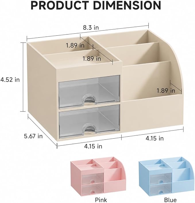 Makeup Organizer with 2 Drawers, Makeup Organizers Countertop for Vanity and Bathroom, Make up organization and Skincare Storage with Brush Holder, for Dresser, Desktop, Cosmetic Display Case (Beige)