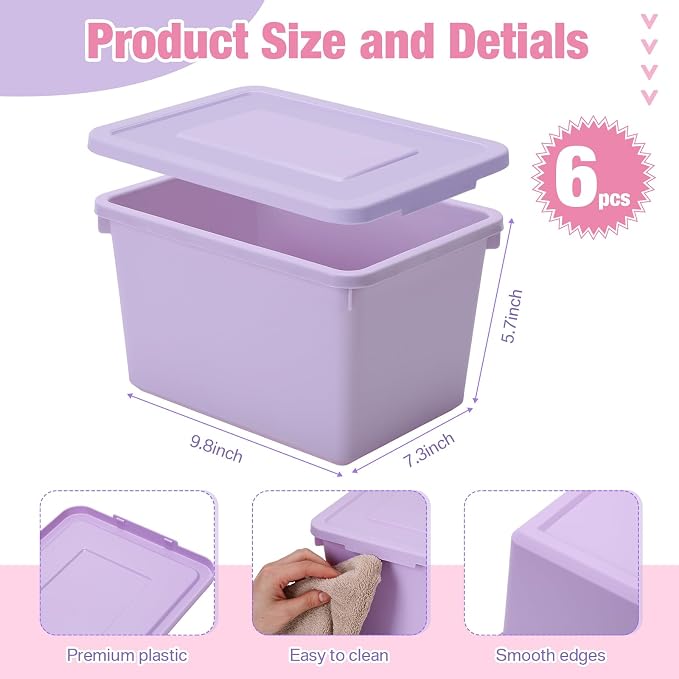 Potchen 6 Pack Small Stackable Storage Bins with Lids Plastic Storage Boxes for Classroom 9.8" ×7.3" ×5.7" Decorative Organizer Bins for Craft Art Office Teacher Supplies (Pink,Purple)